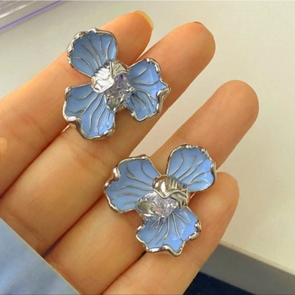 Blue Enamel Iris Flower Stud Earrings Floral • 925 Posts • NWOT - Picture 4 of 8